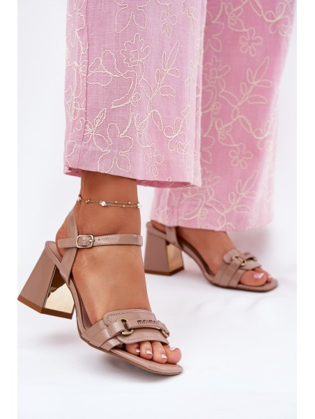 Leather patent women's sandals on heel beige Mevonelle