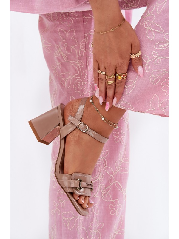 Leather patent women's sandals on heel beige Mevonelle