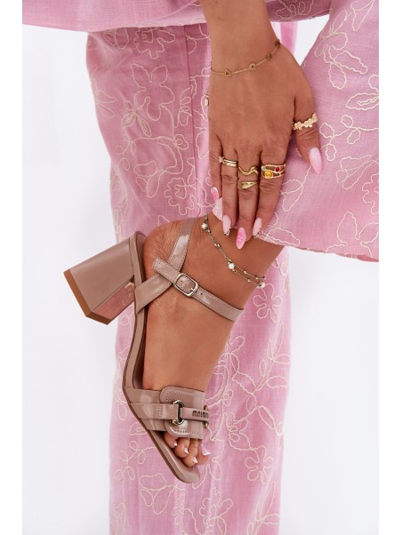 Leather patent women's sandals on heel beige Mevonelle