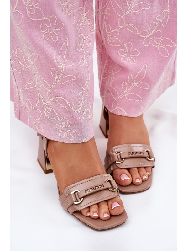 Leather patent women's sandals on heel beige Mevonelle