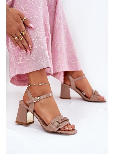 Leather patent women's sandals on heel beige Mevonelle
