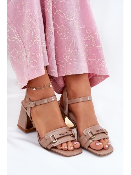 Leather patent women's sandals on heel beige Mevonelle