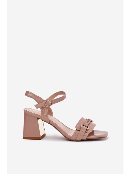 Leather patent women's sandals on heel beige Mevonelle