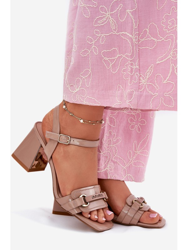 Leather patent women's sandals on heel beige Mevonelle