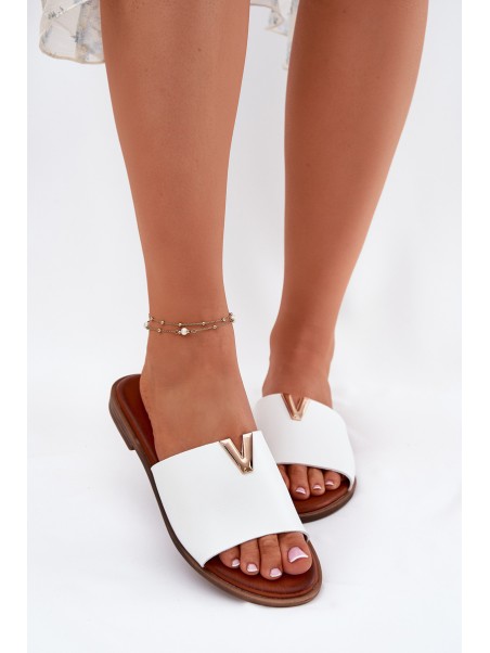 Womens Eco Leather Slippers On Flat Heel White Maliha