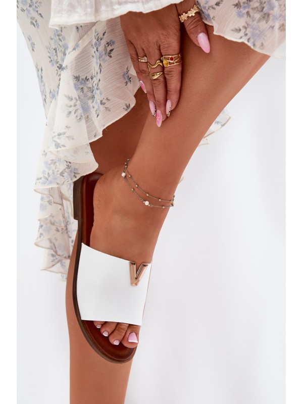 Womens Eco Leather Slippers On Flat Heel White Maliha