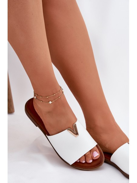 Womens Eco Leather Slippers On Flat Heel White Maliha