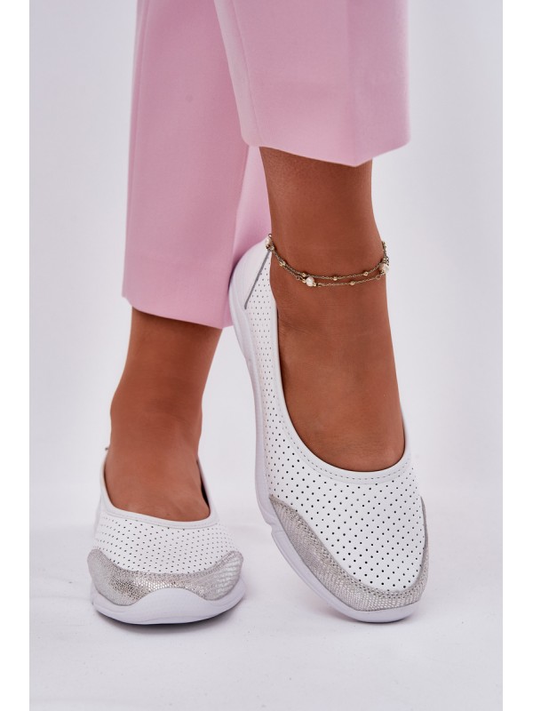 Leather Women's Perforated Ballet Flats White Lucy