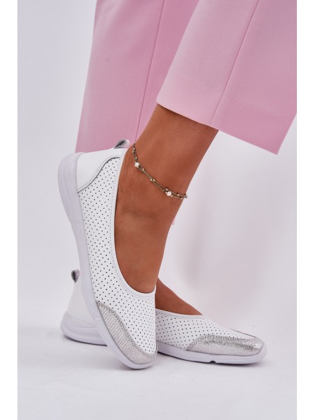 Leather Women's Perforated Ballet Flats White Lucy