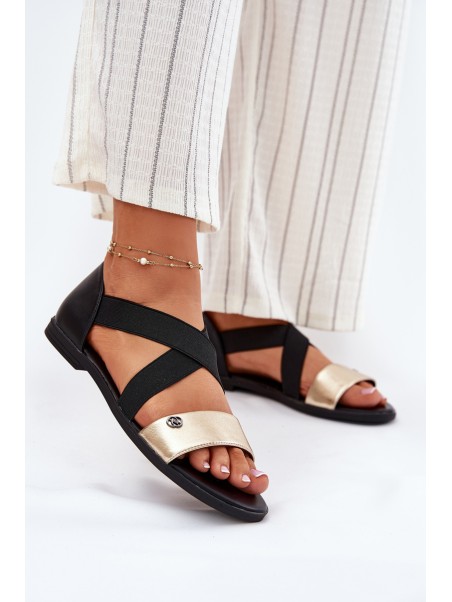 Women's Flat Sandals With Elastic Straps Black-Gold Marinea