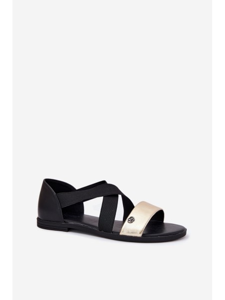 Women's Flat Sandals With Elastic Straps Black-Gold Marinea