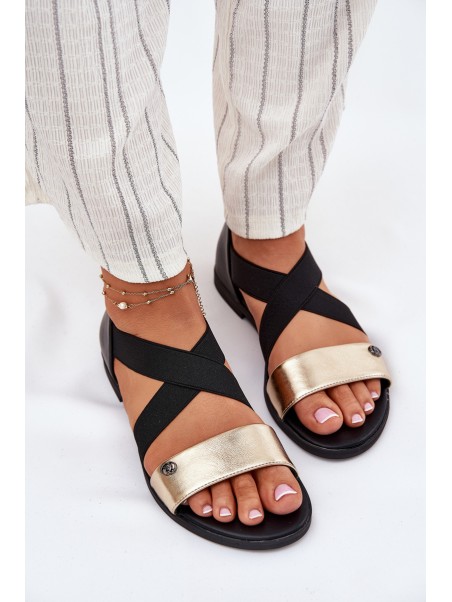 Women's Flat Sandals With Elastic Straps Black-Gold Marinea