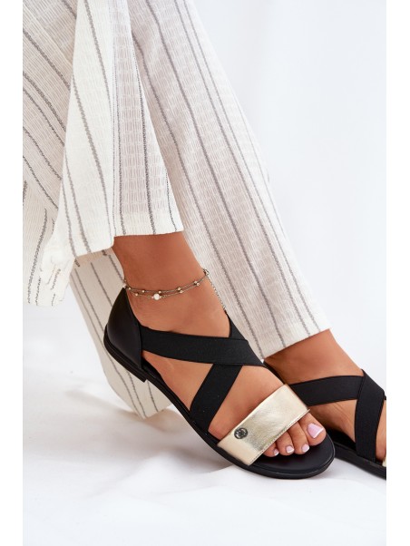 Women's Flat Sandals With Elastic Straps Black-Gold Marinea