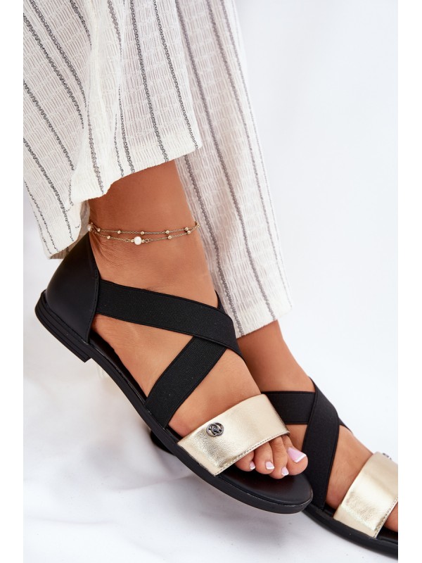 Women's Flat Sandals With Elastic Straps Black-Gold Marinea