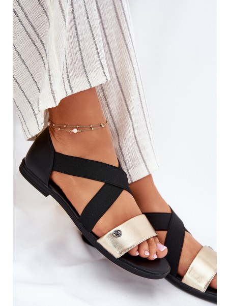 Women's Flat Sandals With Elastic Straps Black-Gold Marinea