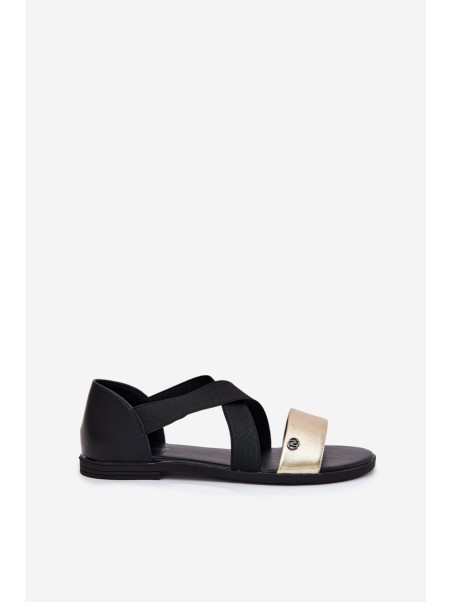 Women's Flat Sandals With Elastic Straps Black-Gold Marinea