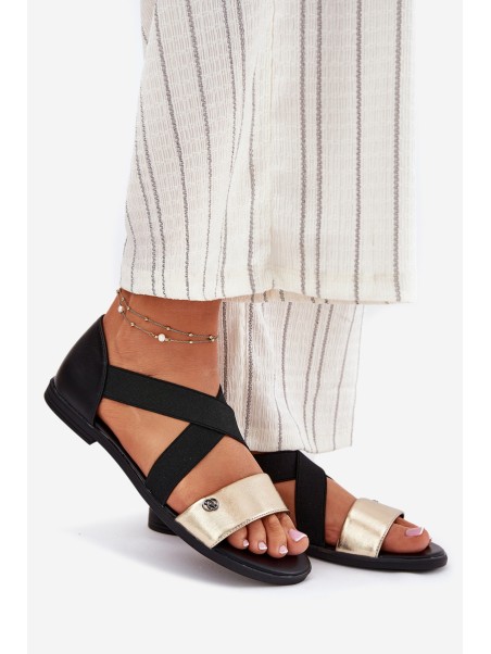 Women's Flat Sandals With Elastic Straps Black-Gold Marinea