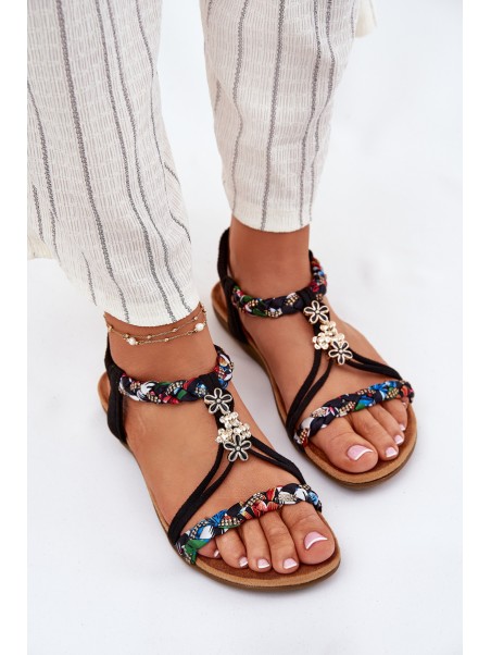 Women's Sandals With Pins And Braided Straps Black Nusoreth
