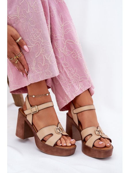 Women's Heeled Sandals Gold Decoration Beige Nusorilis