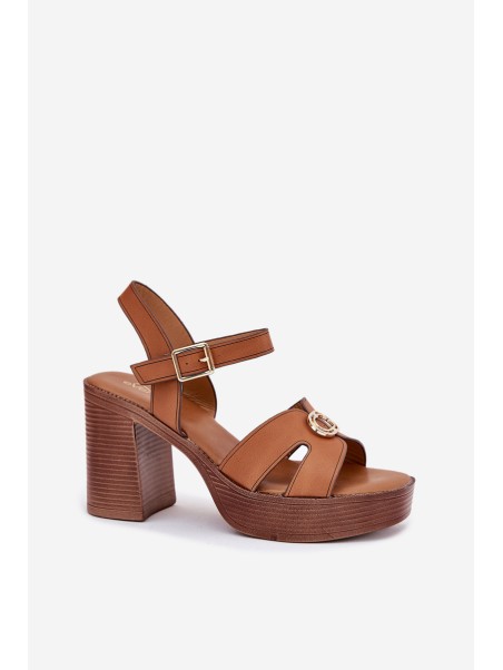 Ladies Sandals On Heel With Golden Decoration Camel Nusorilis