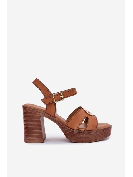 Ladies Sandals On Heel With Golden Decoration Camel Nusorilis