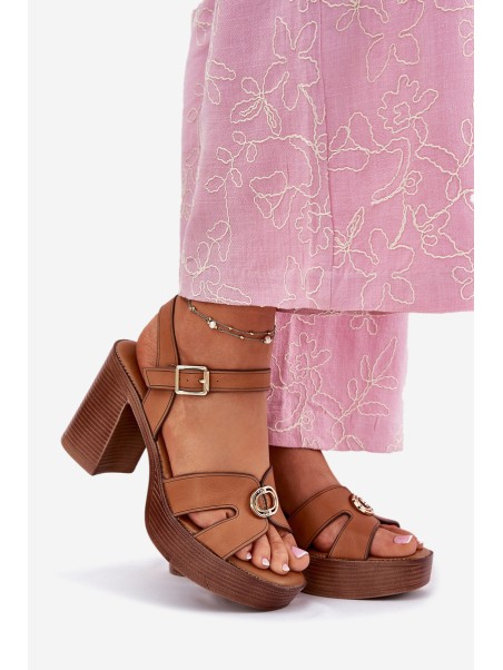Ladies Sandals On Heel With Golden Decoration Camel Nusorilis