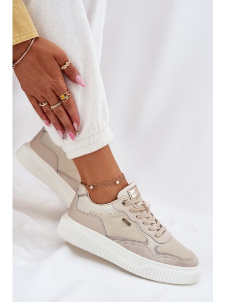 Womens Leather Sneakers On Platform Beige Velarria