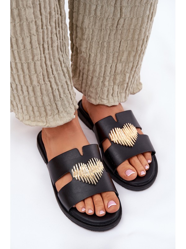 Women's Flat Sandals With Gold Decoration Black Karinma