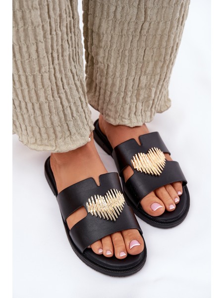 Women's Flat Sandals With Gold Decoration Black Karinma