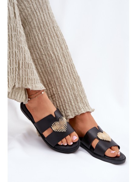 Women's Flat Sandals With Gold Decoration Black Karinma