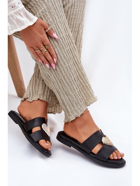 Women's Flat Sandals With Gold Decoration Black Karinma