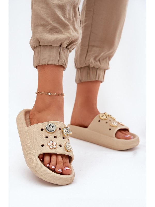 Women's Foam Slippers With Embellishments Beige Vinceza 76055