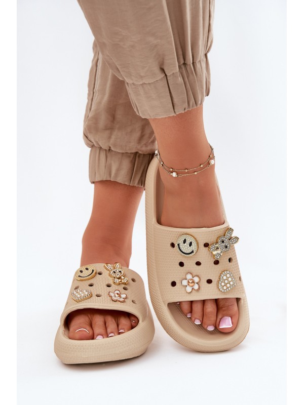 Women's Foam Slippers With Embellishments Beige Vinceza 76055 2