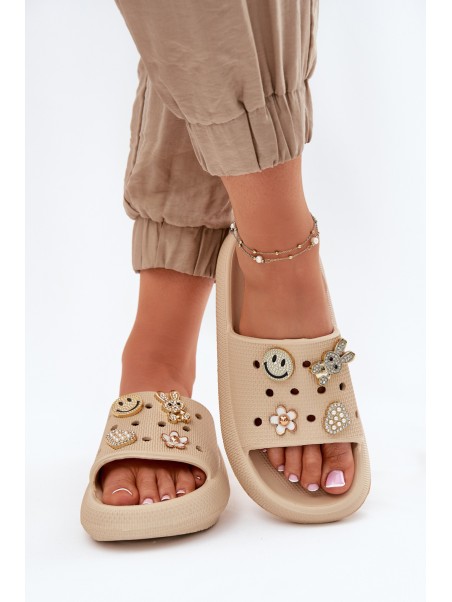 Women's Foam Slippers With Embellishments Beige Vinceza 76055