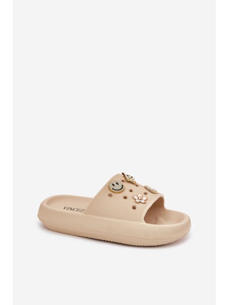 Women's Foam Slippers With Embellishments Beige Vinceza 76055