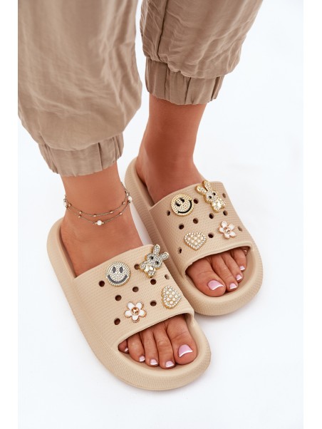 Women's Foam Slippers With Embellishments Beige Vinceza 76055