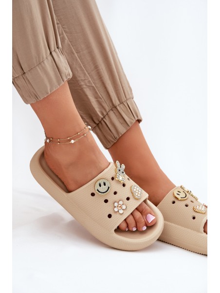 Women's Foam Slippers With Embellishments Beige Vinceza 76055