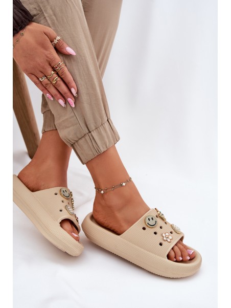 Women's Foam Slippers With Embellishments Beige Vinceza 76055