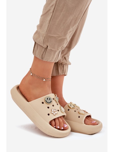 Women's Foam Slippers With Embellishments Beige Vinceza 76055
