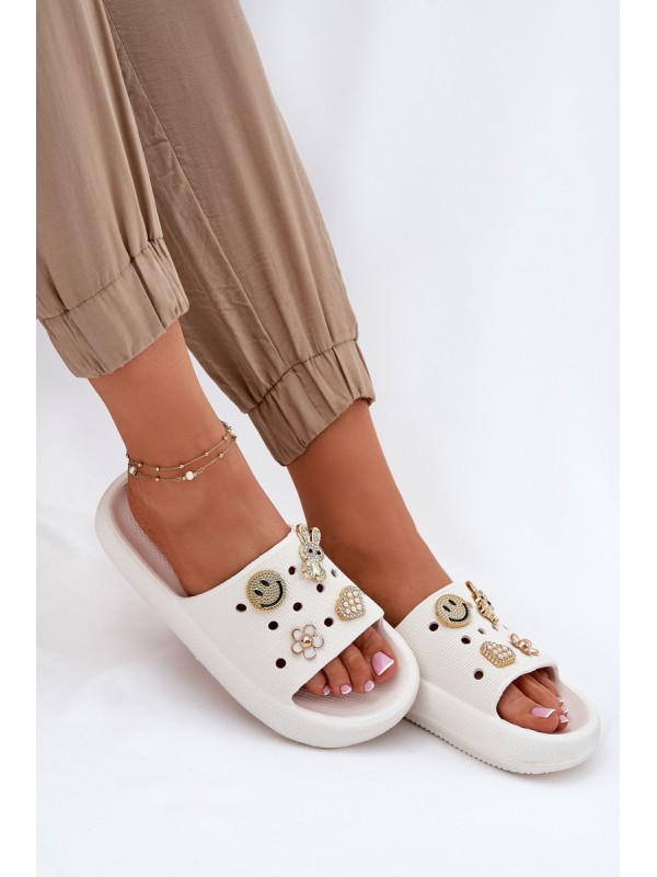 Women's Foam Slippers With Decorations 76055 White Vinceza