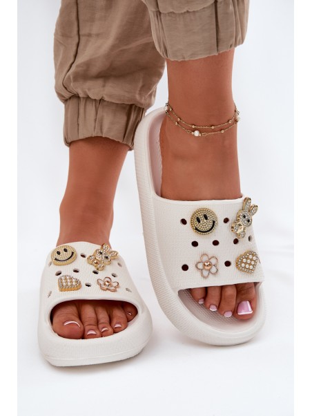 Women's Foam Slippers With Decorations 76055 White Vinceza