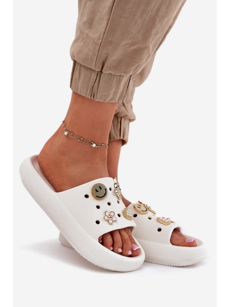 Women's Foam Slippers With Decorations 76055 White Vinceza