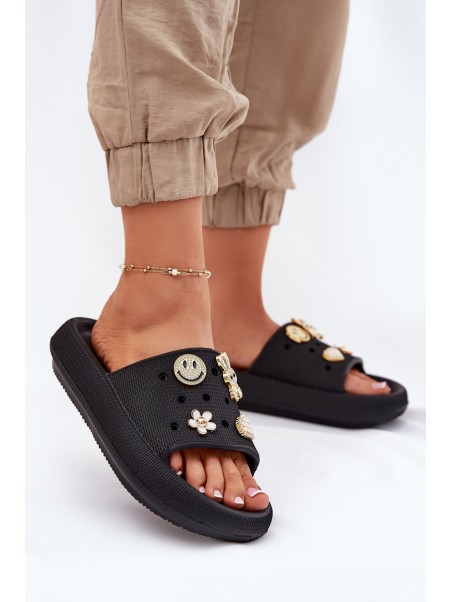 Ladies Foam Slippers With Pins Black Vinceza 76055