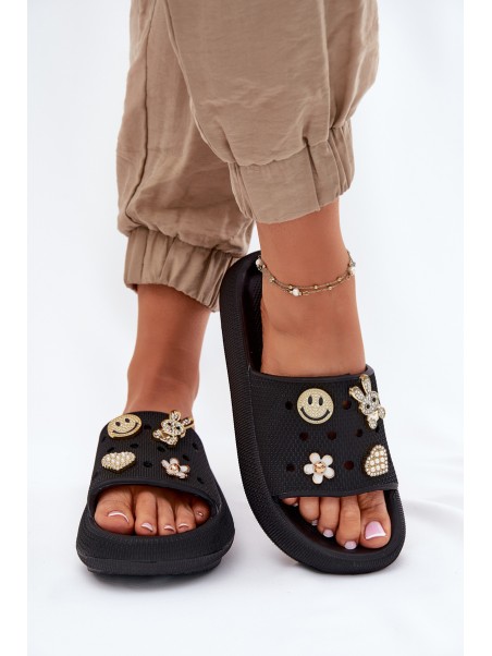 Ladies Foam Slippers With Pins Black Vinceza 76055
