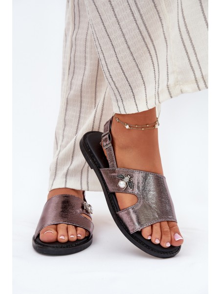 Flat Ladies Sandals With Decorative Detail Silver Vinceza 17378