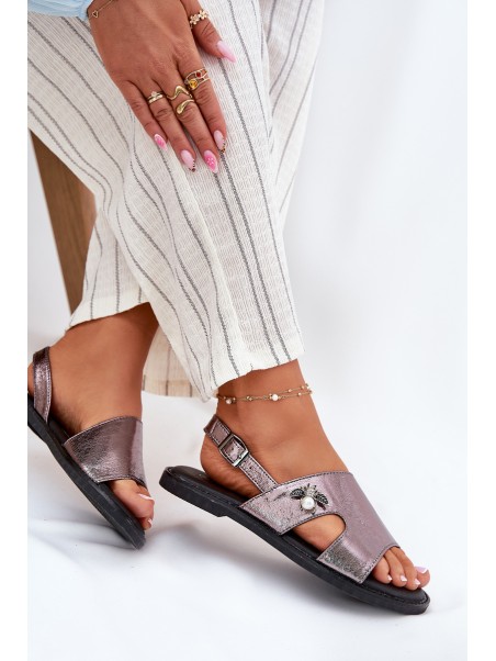 Flat Ladies Sandals With Decorative Detail Silver Vinceza 17378
