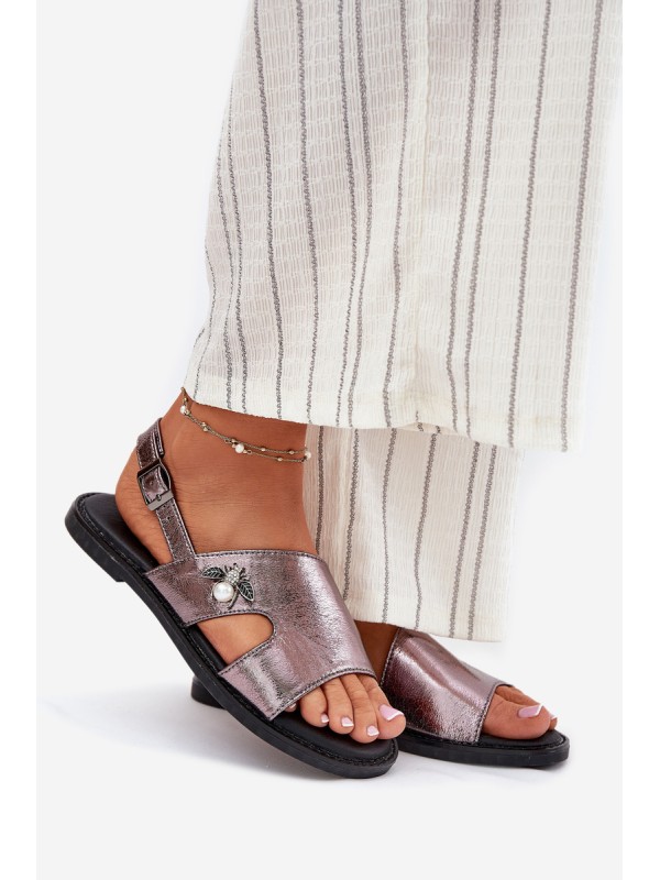 Flat Ladies Sandals With Decorative Detail Silver Vinceza 17378