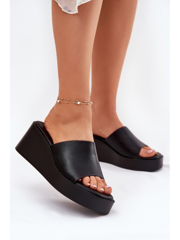Wedge Heeled Ladies Sandals Eco Leather Black Obenae