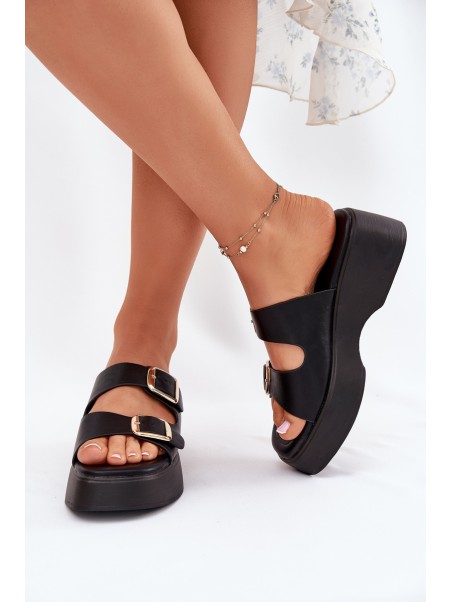 Womens Wedge And Platform Slippers With Buckles Black Nitarelia