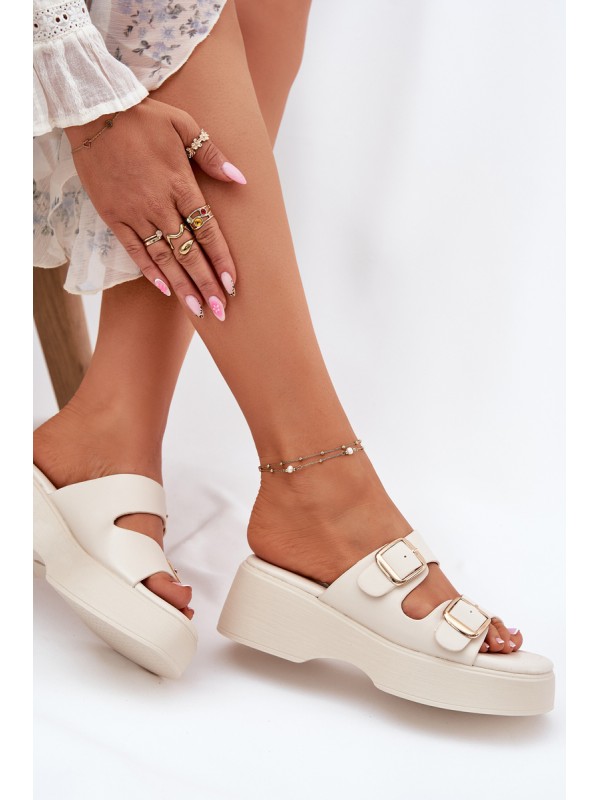 Wedge And Platform Women's Slippers With Buckles Light Beige Nitarelia